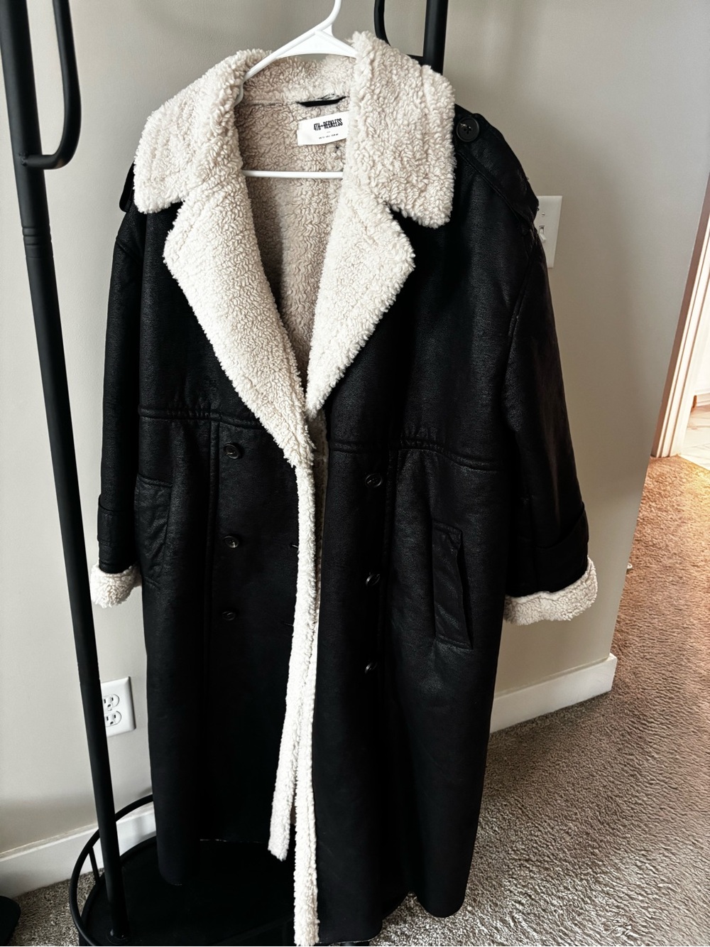 Long Black Faux Shearling Trench Coat with Cream Lining